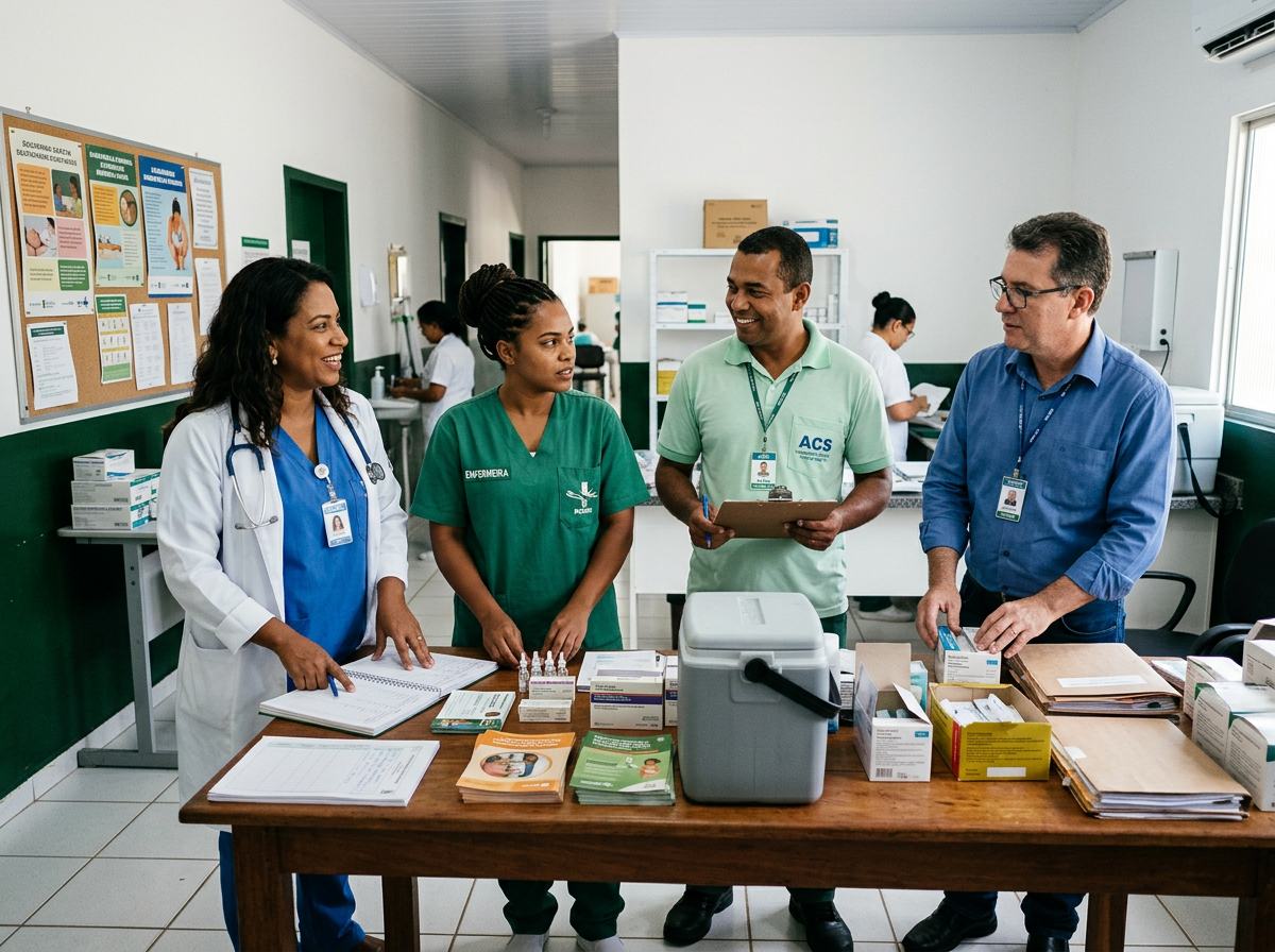 Equipe multiprofissional de saúde reunida em atividade comunitária